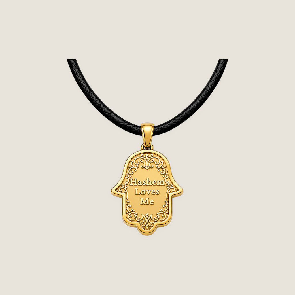 The Hamsa Pendant in Gold on black rope — Hashem Loves Me jewelry