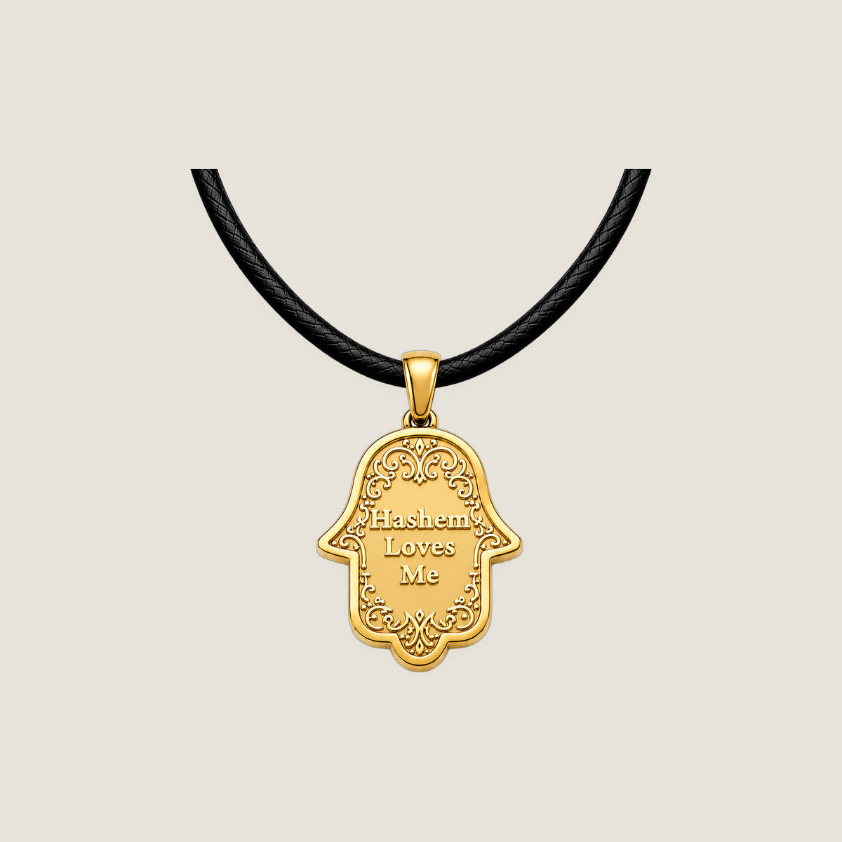 The Hamsa Pendant in Gold on black rope — Hashem Loves Me jewelry
