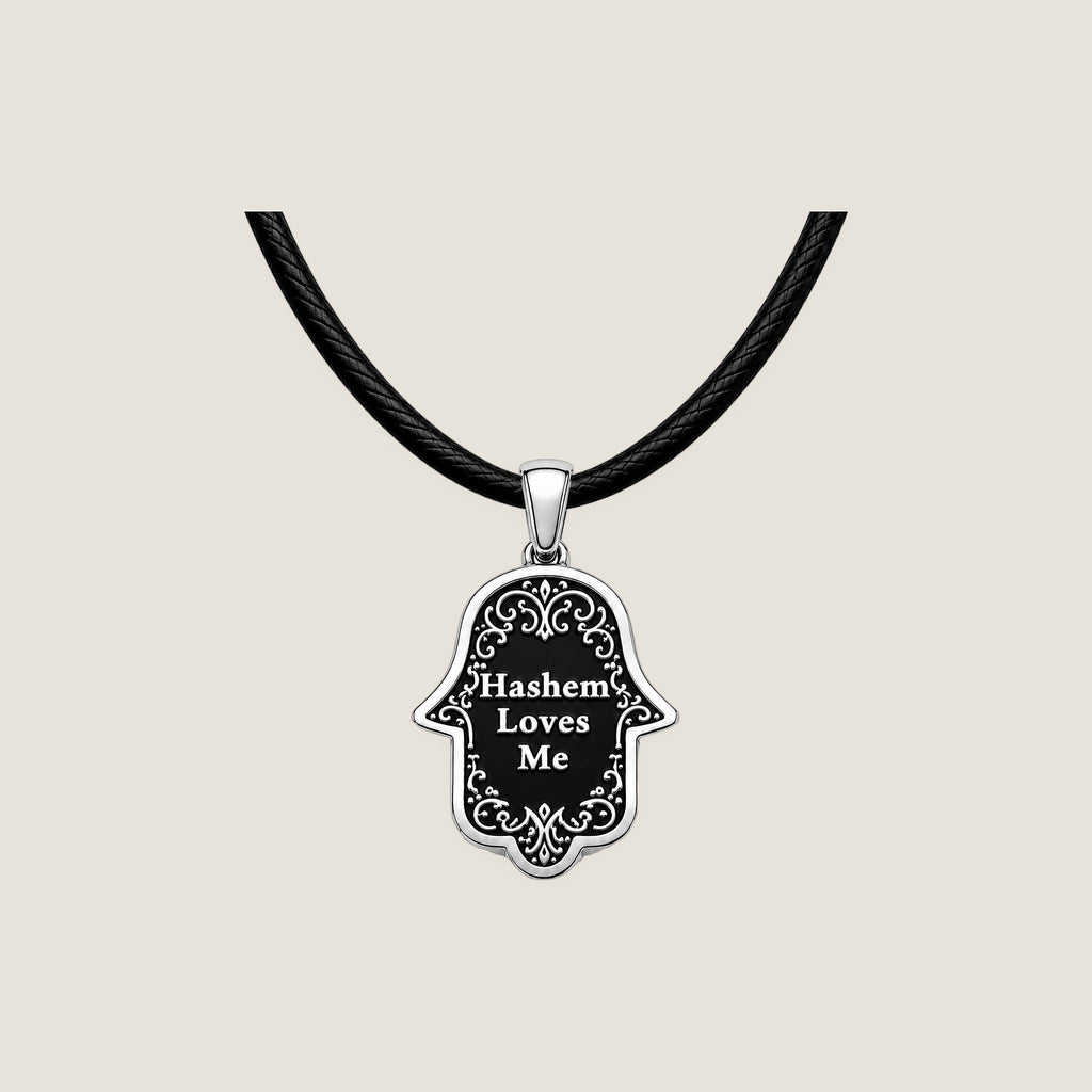 The Hamsa Pendant in Silver Noir on black rope — Hashem Loves Me jewelry