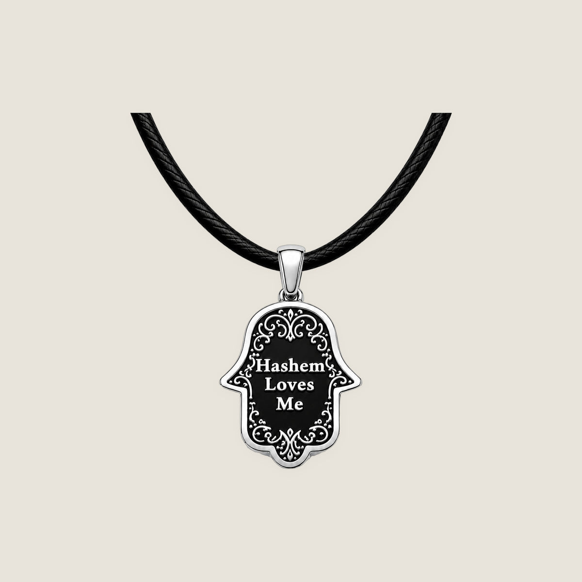 The Hamsa Pendant in Silver Noir on black rope — Hashem Loves Me jewelry