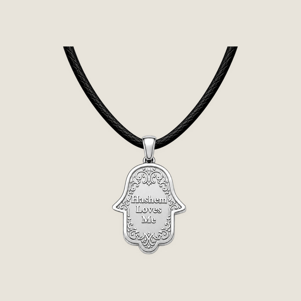 The Hamsa Pendant in Silver on black rope — Hashem Loves Me jewelry