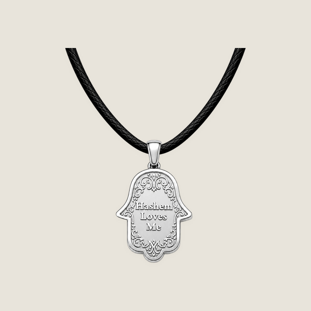 The Hamsa Pendant in Silver on black rope — Hashem Loves Me jewelry