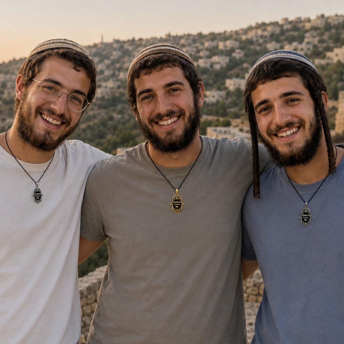 The Hamsa Pendant worn by three friends on a hillside — Hashem Loves Me jewelry